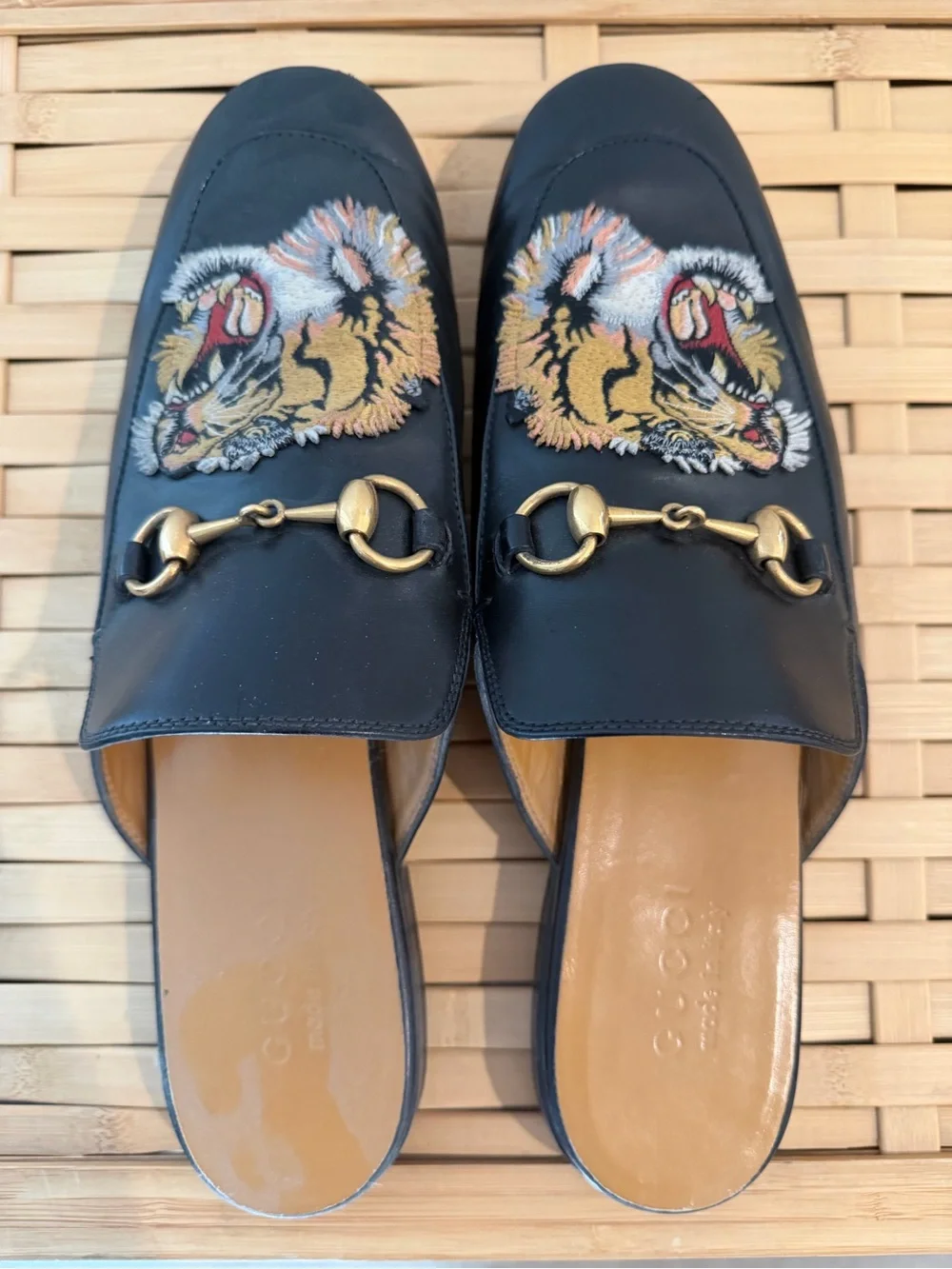 Gucci Black Leather Tiger Embroidered Horsebit Slip-On Mules